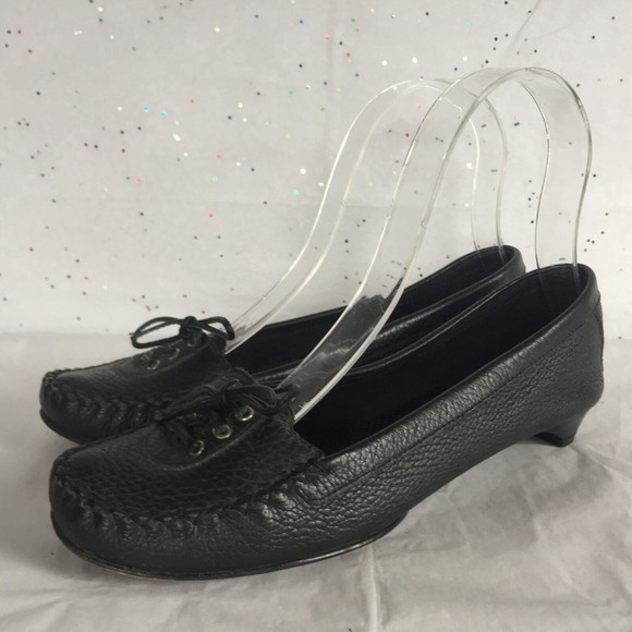 Via Spiga Black Pebbled Leather Lace up Kitten Heel Moccasin Shoe  Size 6 Ballet - Picture 7 of 12